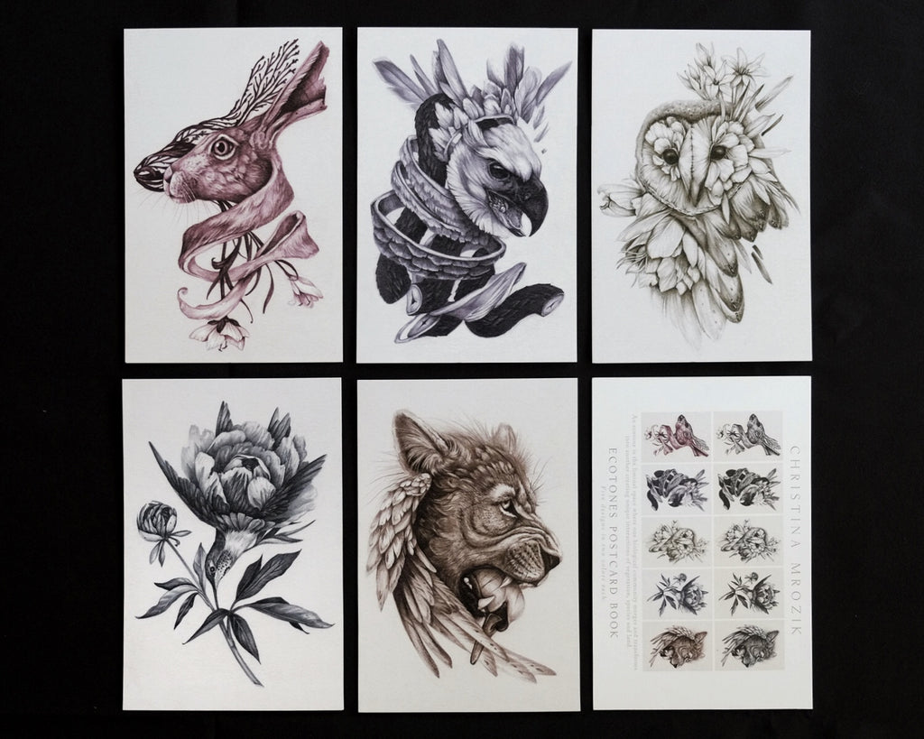 Book of postcards with rabbit, hawk, owl, lion, and floral designs in various colors.