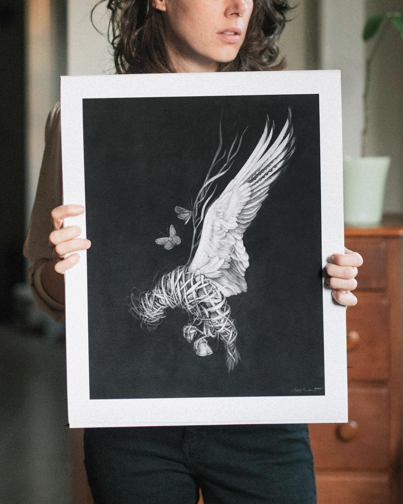 Art print of a graphite drawing of a bird made of braided grass and moth wings on a black background.